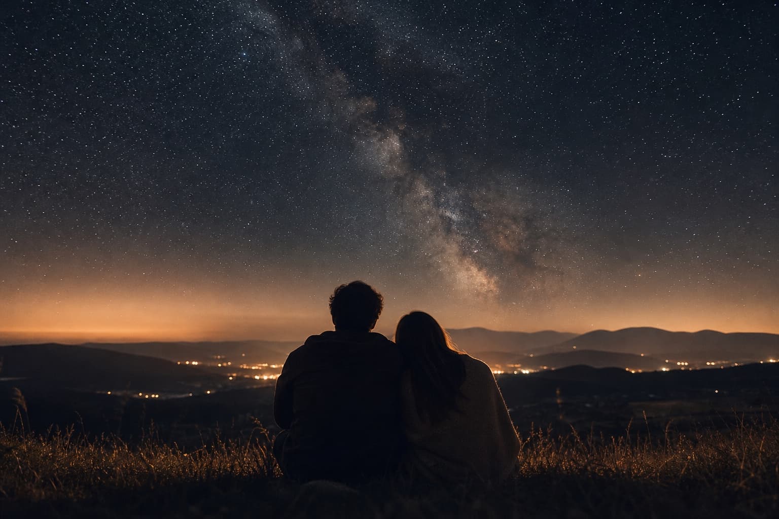 A couple sitting on a hillside looking up at the night sky together