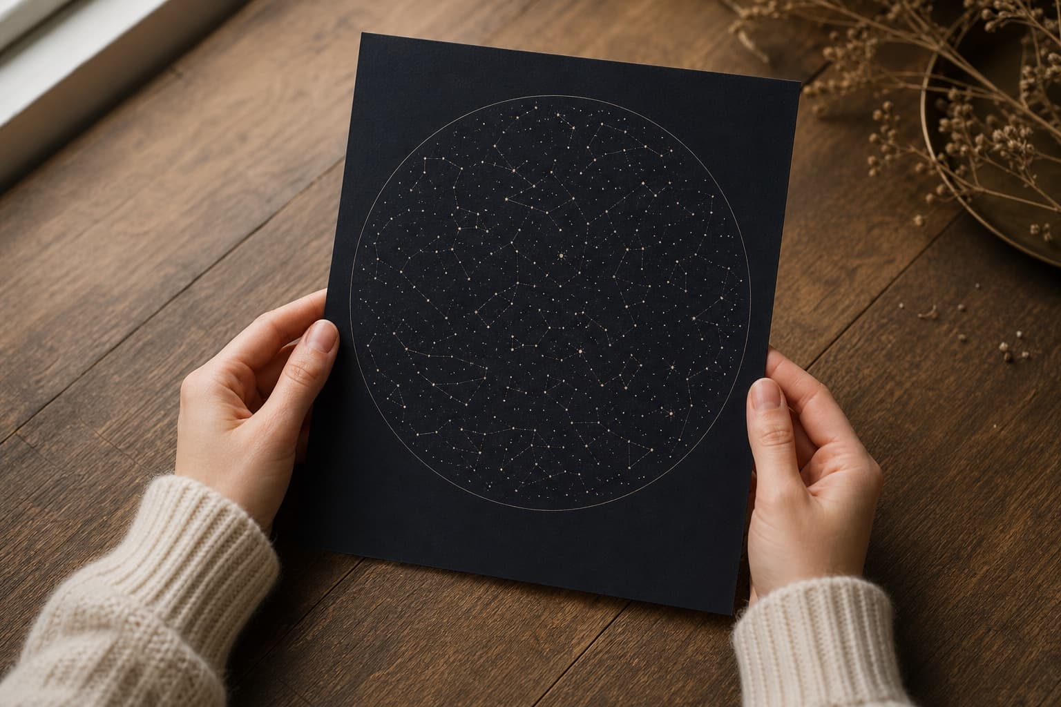 Hands holding a finished printed star map poster on a wooden surface