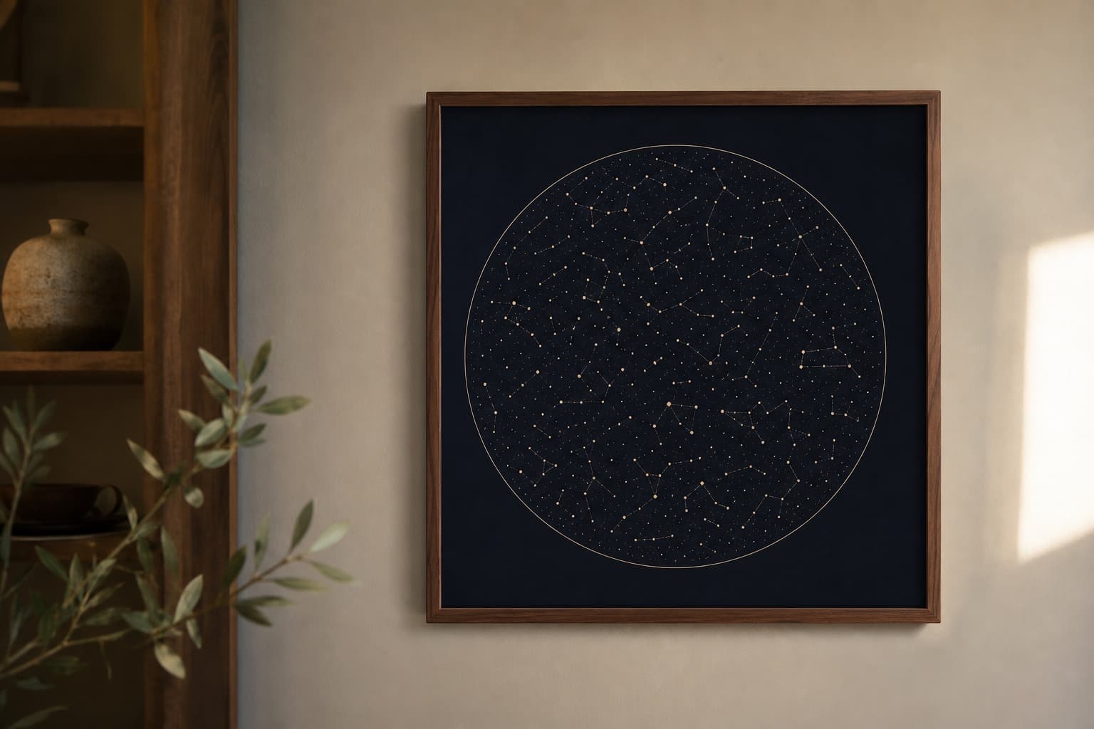 A framed art print hanging on a softly lit interior wall