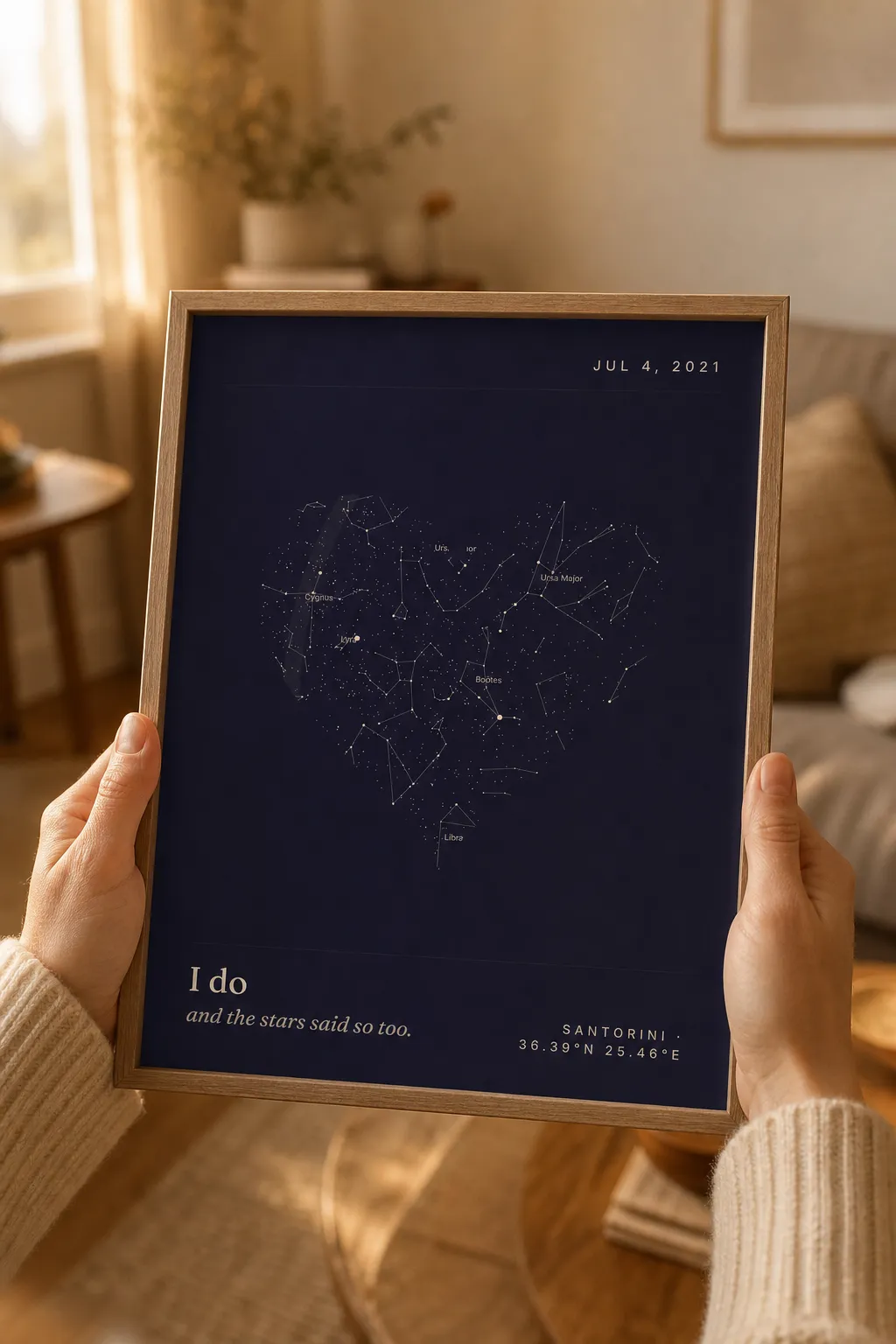 Two hands holding a framed heart-shaped SkyWhen star map print