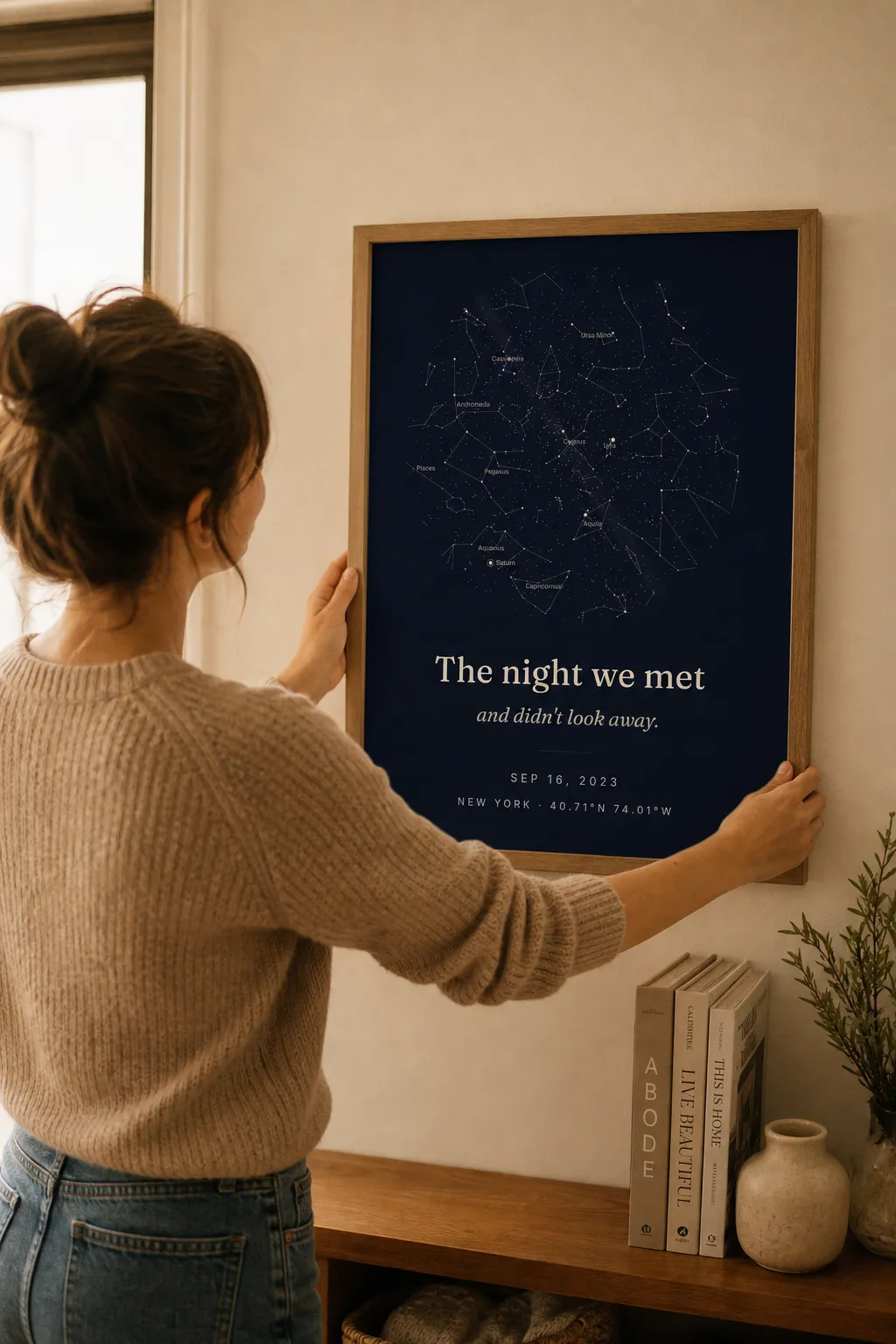 A person hanging a framed SkyWhen star map print on the wall